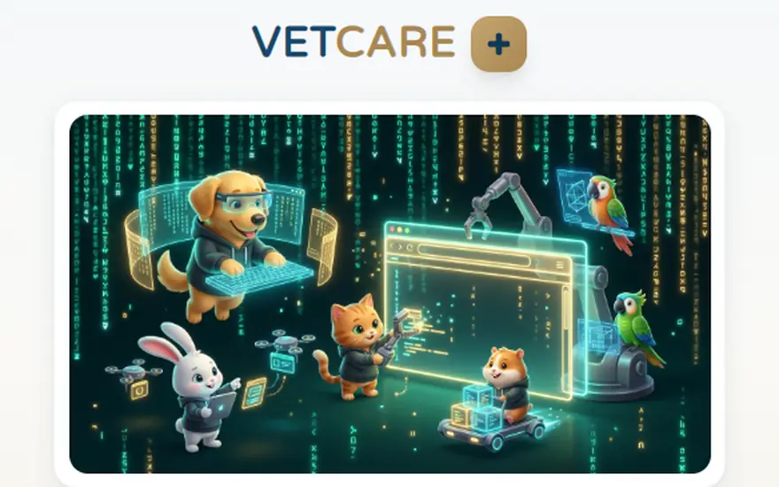 דף הכניסה של VETCARE: הלוגו ואיור של חיות שבונות מערכת